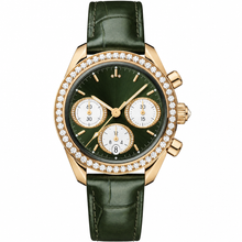 Relógio cronógrafo com caixa dourada, mostrador verde e pulseira de couro verde, 38 mm