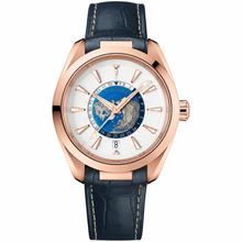 Relógio social com caixa em tom de ouro rosa e pulseira de couro azul, 43 mm