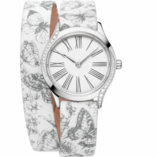 Relógio feminino em tom prateado com pulseira com borboletas brancas, 26 mm