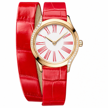Relógio feminino de ocasião com pulseira de couro vermelha e caixa em ouro rosa