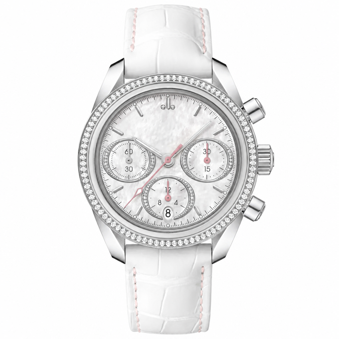 Relógio cronógrafo feminino de elegante, com mostrador branco de 38 mm