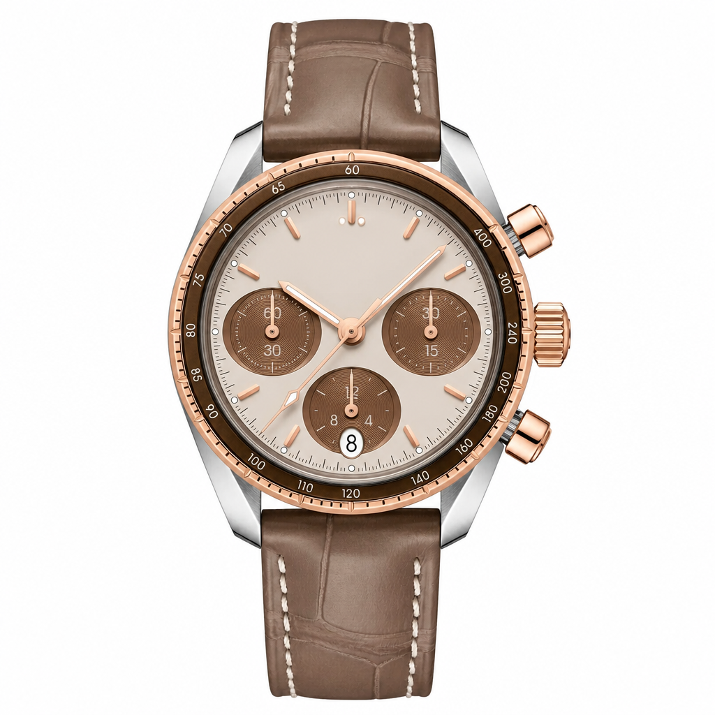 Chronograph watch 38mm with beige dial, brown subdials, brown leather strap, and silver-tone case with rose gold bezel