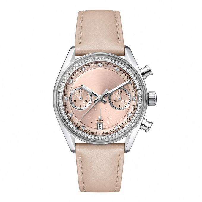 Relógio cronógrafo feminino de elegante com pulseira de couro bege