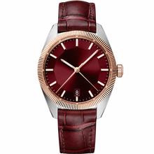 Relógio social com calendário, couro bordô, 41 mm