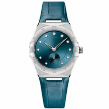 Relógio feminino com ponteiro de segundos, couro azul-petróleo, 34 mm