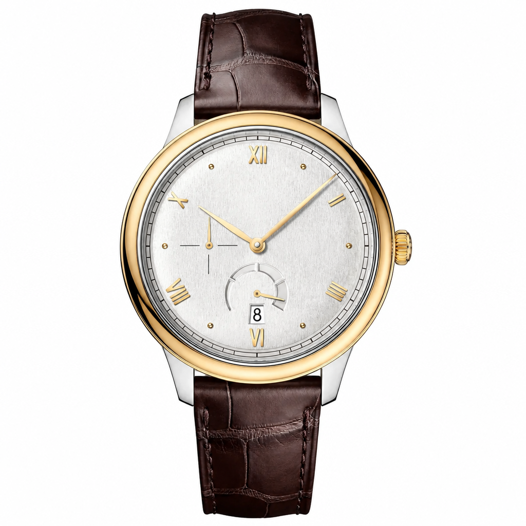 Dress watch with silver dial, gold bezel, and brown leather strap on white background