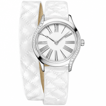 Relógio feminino elegante com pulseira branca e caixa prateada