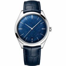 Relógio social com mostrador azul e pulseira de couro, 40 mm