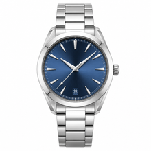 Relógio clássico de aço inoxidável com mostrador azul, 38 mm
