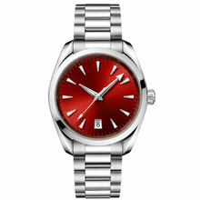 Relógio clássico de aço inoxidável com mostrador vermelho, 38 mm