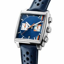 Relógio cronógrafo quadrado com mostrador azul e pulseira de couro