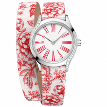 Relógio social com pulseira de tecido com estampa floral vermelha