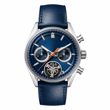 Relógio cronógrafo de corrida com pulseira de couro azul