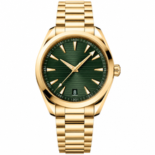 Relógio clássico com mostrador verde e pulseira de metal em tom dourado, 41 mm