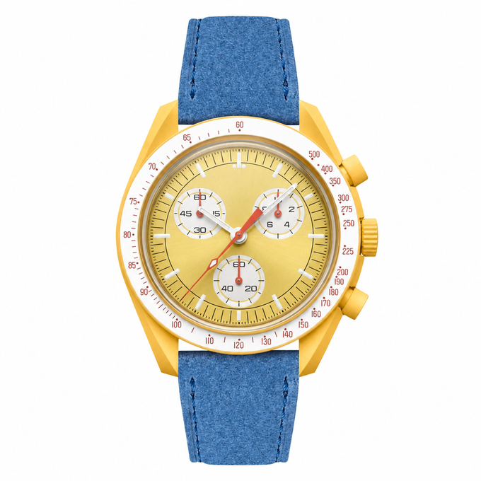 Relógio cronógrafo amarelo com pulseira de camurça azul