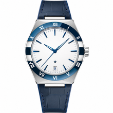 Relógio social masculino com pulseira de couro azul e caixa prateada de 41 mm