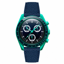 Relógio cronógrafo com mostrador azul-marinho estrelado e pulseira de couro azul-marinho