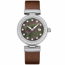 Relógio feminino de elegância, com caixa prateada de 34 mm e pulseira de couro marrom